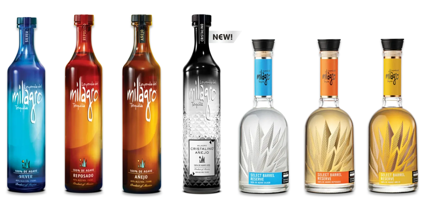 The full line up of Milagro tequilas